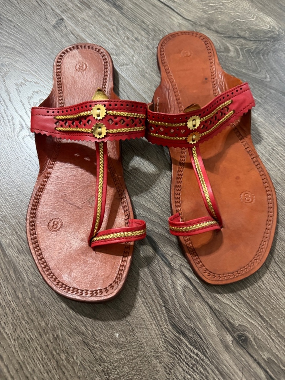 Ethnic Indian Wear Red Leather Embellished Toe-Loop Sandals